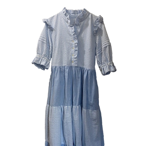 Blue White Seersucker Gingham Ruffle Tiered Prairie Cottagecore Maxi Dress S/M - Picture 4 of 16